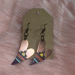 Heart copper sunset earrings, handmade copper tone, yellow, purple, blue orange